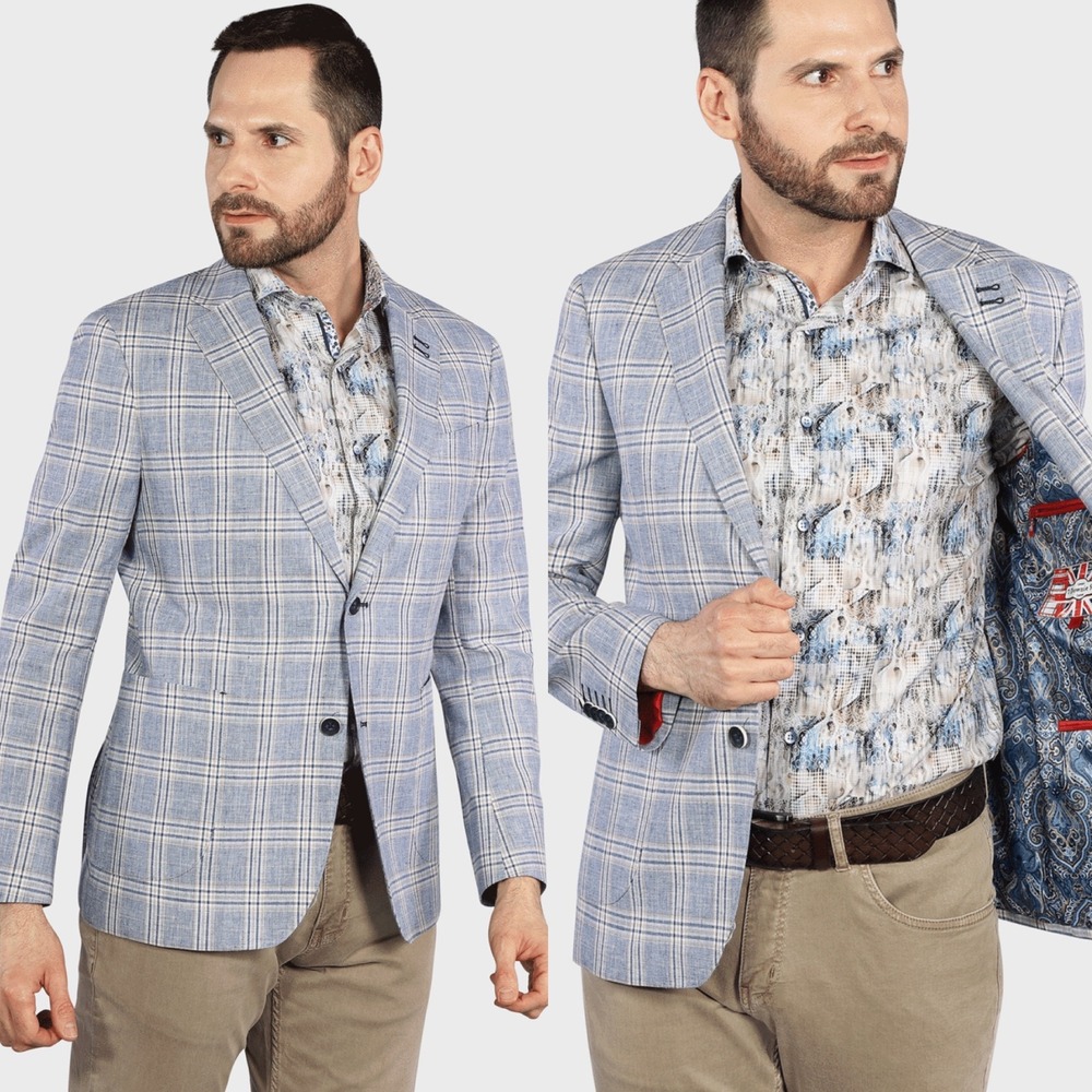 7 Downie Street Mens Blue Plaid Linen Blend Blazer Sports Jacket Mens Size 38‎